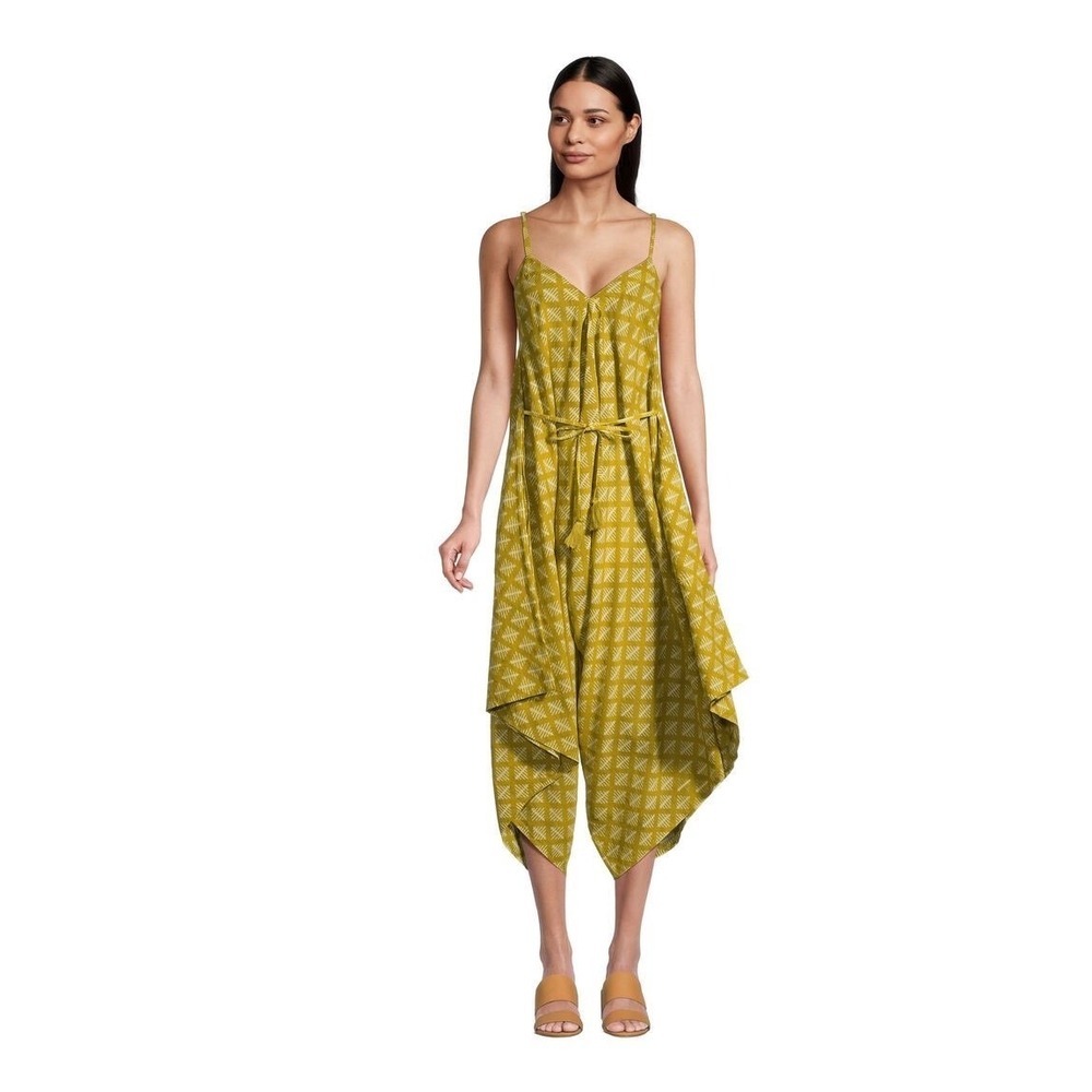 Geometric Print Handkerchief Hem Jumpsuit Olive Green V-Neck Spaghetti Strap L